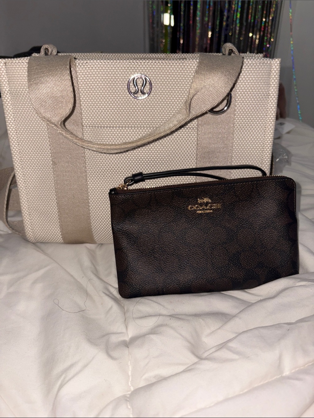 Lululemon Beige Canvas Tote with Coach Brown Wristlet